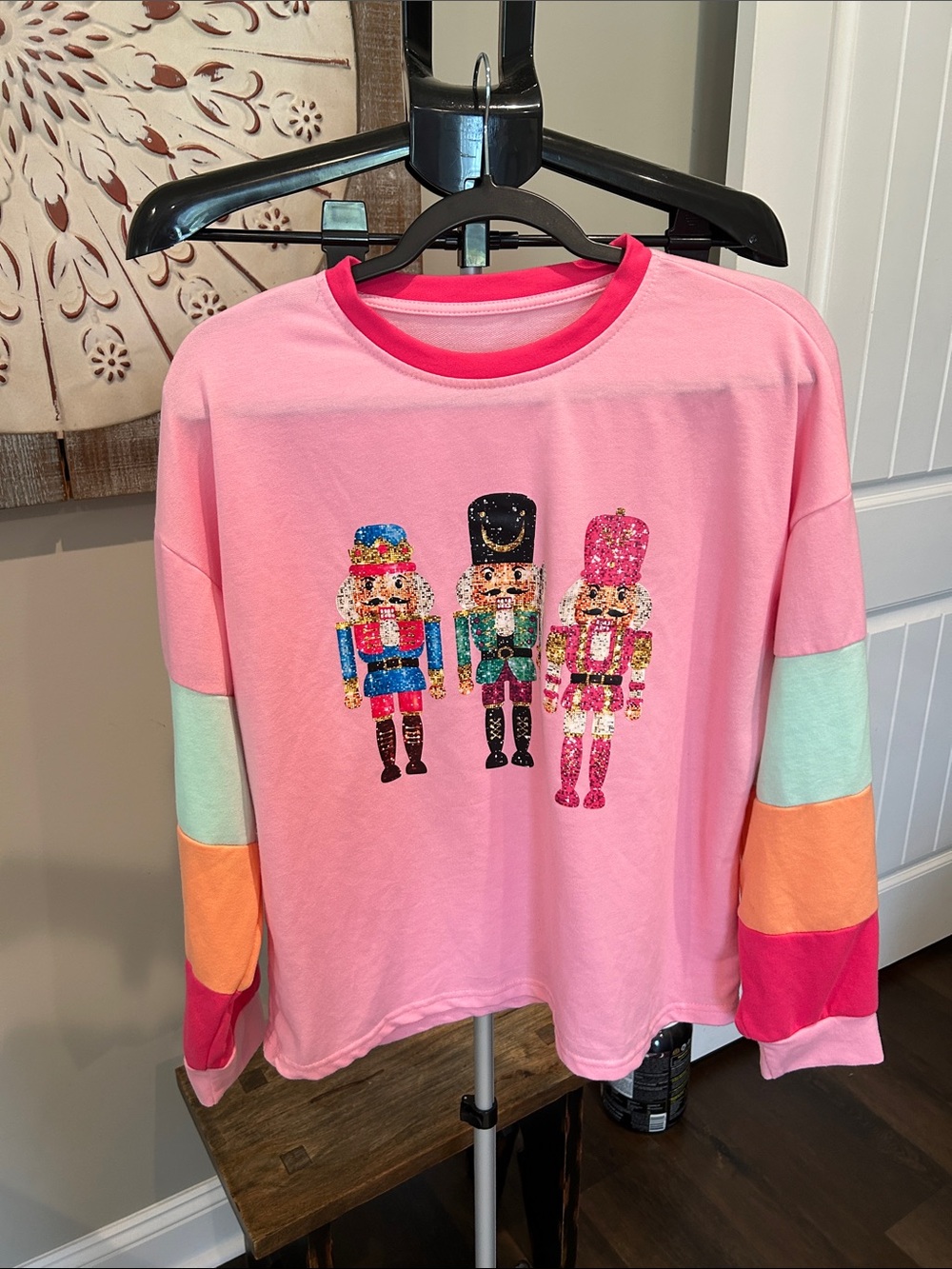 SHEIN Woman’s Pink Nutcracker Crewneck with Colorblock Sleeves Size Small